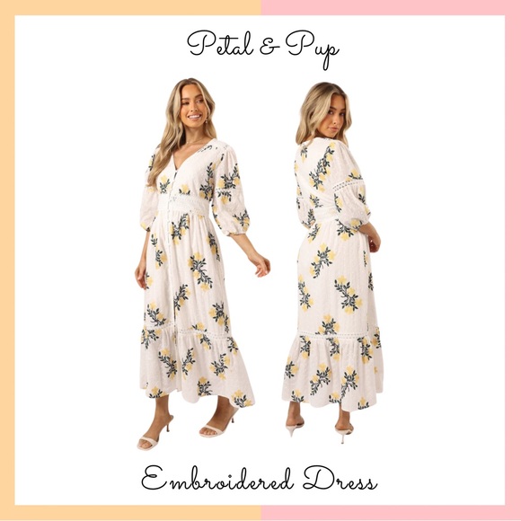Petal & Pup Dresses & Skirts - NWT Petal & Pup Yellow Floral Embroidered Midi Dress
